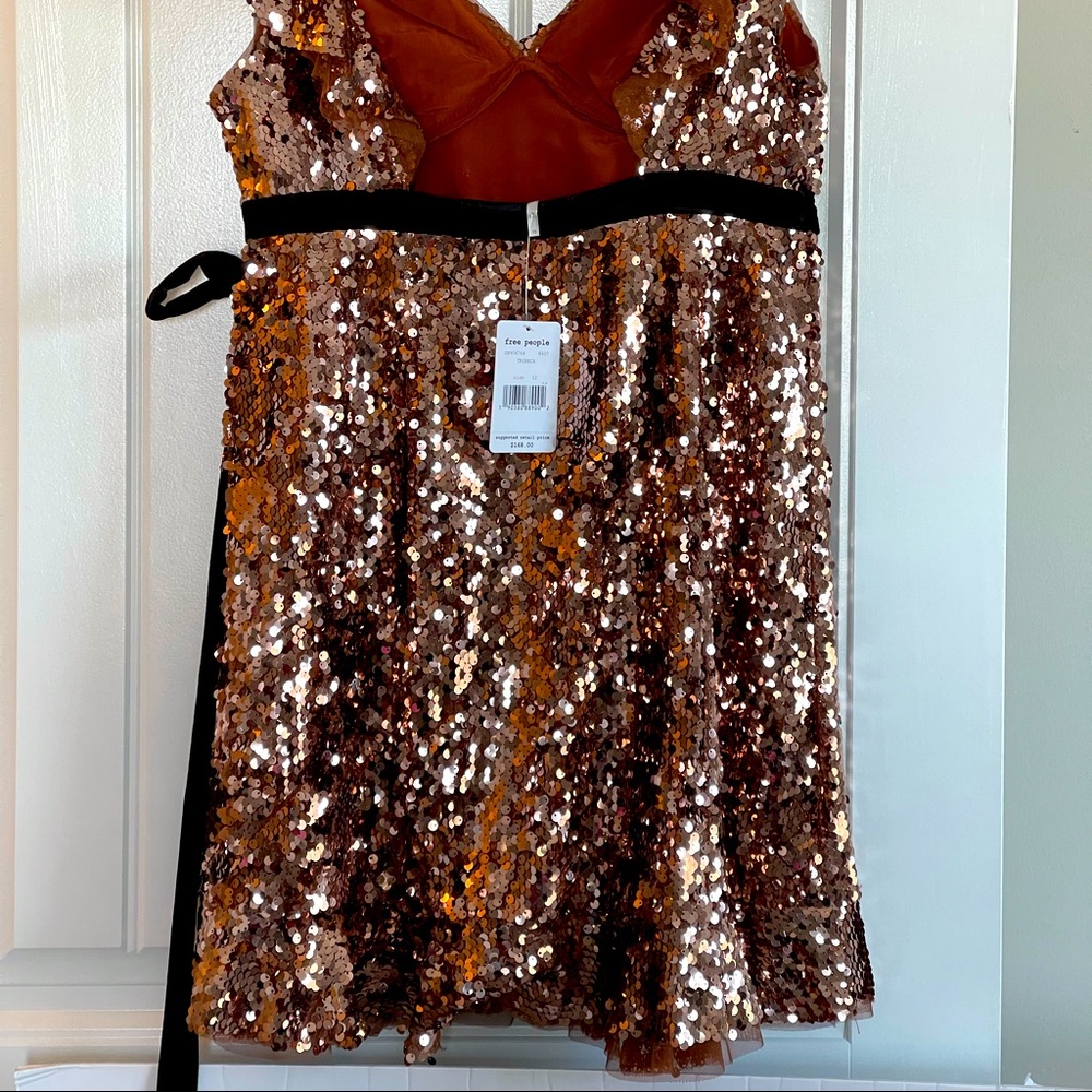 Free People Rose Gold Sequin Formal Evening Holiday Party Dress, Sz 12 - Picture 12 of 15